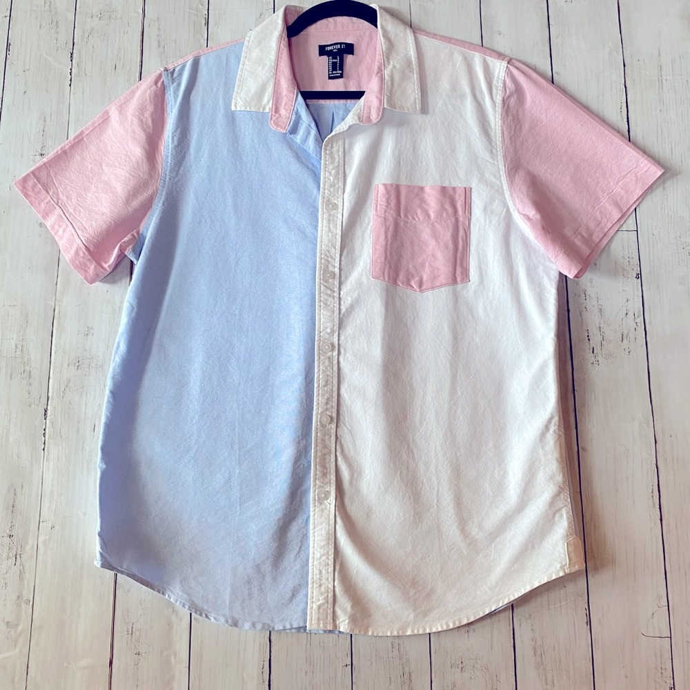 Forever 21 men’s button up shirt.  Size large.  Pink, white and light blue.